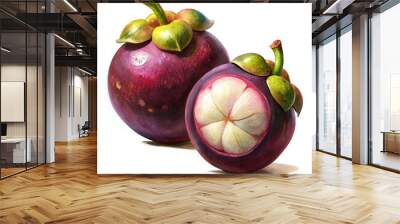 Two Mangosteens with Open Fruit on White Background
 Wall mural