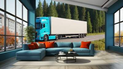 A truck with a trailer is driving along the highway along the forest. Logistics and international cargo transportation. Truck is driving fast with a blurry environment. Concept of cargo transportation Wall mural