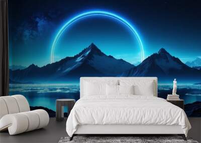 Abstract future Sci-Fi Modern neon purple and blue circle neon light glow landscape mountain night black background 3d render illustration. Wall mural