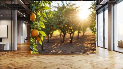 An orange grove with lots of oranges growing on the trees. Fruit orange orchard, farming and entrepreneurship, harvest, banner. Wall mural