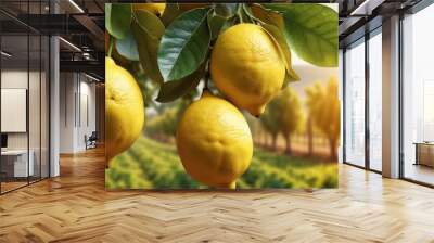 Bunches of fresh yellow ripe lemons on lemon tree branches in garden Wall mural