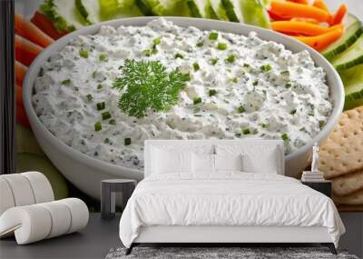 Cottage cheese high-protein dip with fresh vegetables, bread and crackers on wooden white table copy space. Eating diet healthy curd cheese spread with various snacks Wall mural