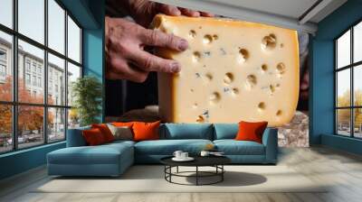 Different of organic cheese on a wooden table, man holding piece of cheese. Artisan cheese being cut and prepared in rustic cheese shop. Close up of hands slicing blocks of cheese on wooden board. Wall mural