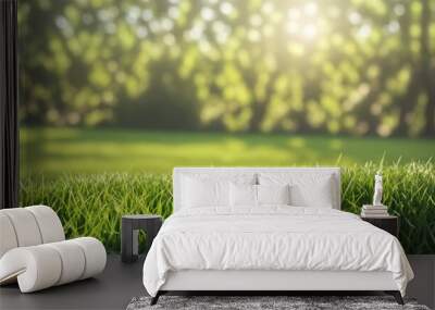 Green lawn with fresh grass outdoors. Nature spring grass background texture.  Generative AI Wall mural