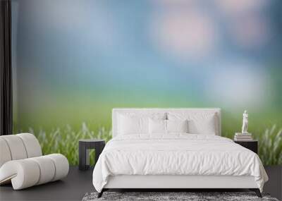 Green lawn with fresh grass outdoors. Nature spring grass background texture.  Generative AI Wall mural