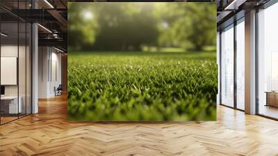 Green lawn with fresh grass outdoors. Nature spring grass background texture.  Generative AI Wall mural