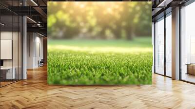 Green lawn with fresh grass outdoors. Nature spring grass background texture.  Generative AI Wall mural