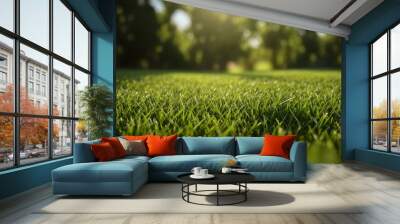 Green lawn with fresh grass outdoors. Nature spring grass background texture.  Generative AI Wall mural