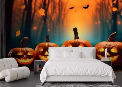 Halloween promotional banner background. Halloween night scene background with pumpkin within flames in the cemetery and bats in the night, copy space Wall mural