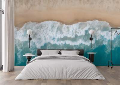 Ocean waves on the beach as a background. Beautiful natural summer vacation holidays background. Aerial top down view of beach and sea with blue water waves. Generative Ai Wall mural