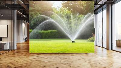 Sprinklers watering grass, green lawn in garden. Nature spring grass background texture Wall mural