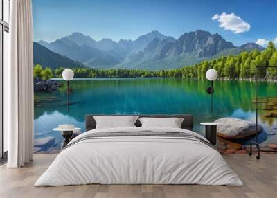 Tranquil lake reflects majestic mountains, creating a scenic wilderness destination. Beautiful photo of a mountain lake background for background. Wall mural