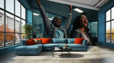 African American two business people happy celebrate at the office Wall mural