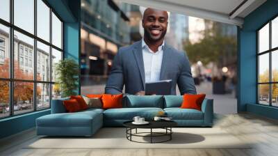 Portrait of a smiling african american businessman holding tablet computer standing on the outdoor street front of business office building Wall mural