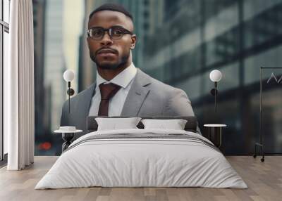 Portrait of a smiling african american businessman standing on the outdoor street front of business office building Wall mural