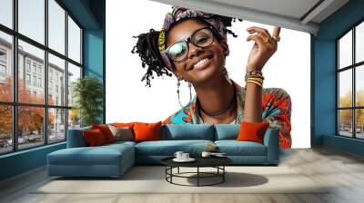 Portrait of black young woman happy smiling with hands pointing, Posing surprised expression attractive cheerful, isolated on white background, png Wall mural