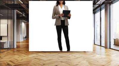 Portrait of Happy smiling African American businesswoman ceo wearing suit standing using digital tablet computer, Full body, isolated on white background, png Wall mural