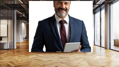 Portrait of senior executive businessman happy smiling and standing posing holding using tablet computer, Wear a blue suit and red tie, isolated on white background, png Wall mural