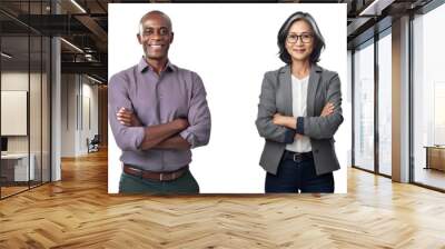 Set of Portrait of a middle aged businesswoman and businessman happy smiling and standing posing arms crossed, isolated on white background, png Wall mural