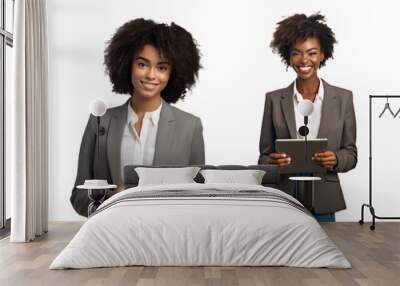 Set of Portrait of young business woman happy smiling and standing hands holding using tablet computer, isolated on white background, png Wall mural