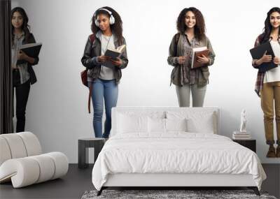 Set of Portrait of young woman college student happy smiling standing holding a book and carrying a school bag, Full body isolated on white background, png Wall mural