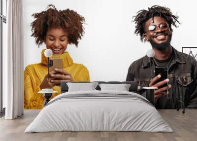 Set of Young black man and woman happy smiling standing using smart phone, isolated on white background, png Wall mural