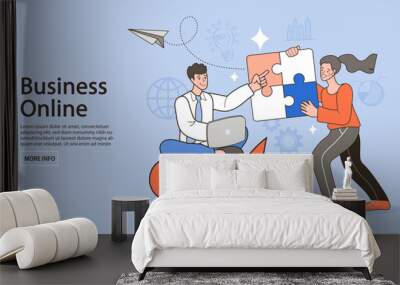 Businessman connecting puzzle pieces.Startup, agreement, entrepreneurship concept. Business strategy and solution. flat vector illustration.  Wall mural