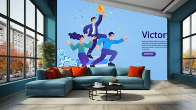 Group of people jumping holding trophy. golden cup and confetti. Business team achievements. Get reward and celebrate.  Wall mural