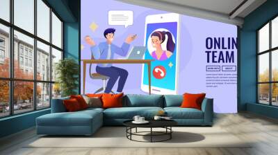 Vector employee talk on video call on laptop with diverse colleagues. video conferencing at home man having video call meeting with clients at home. group of people cheerful communicating online. Wall mural