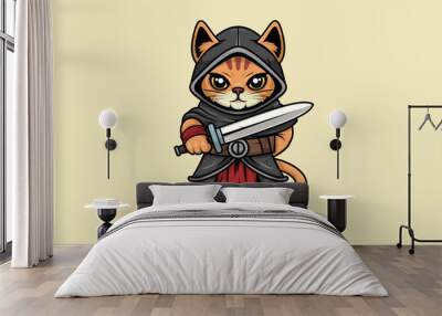 Cute Warrior Cat Cartoon Character Mascot Wall mural