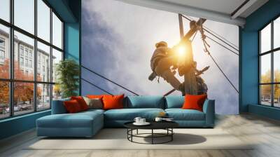 The power lineman is replacing the damaged insulator. That causes a power outage with protective equipment that is insulated and wearing personal protective equipment such as safety belt, helmet. Wall mural