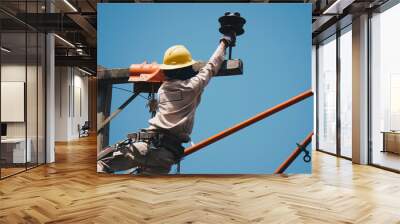 Two linemans use devices that are insulated for maintenance high voltage distribution system. To prevent power outages. The background is the sky. Wall mural