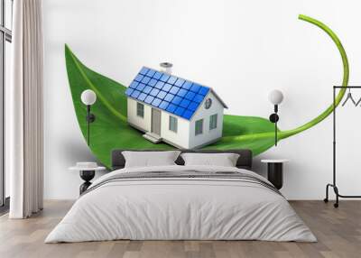 Solar cell house icon on green leaf - Alternative energy Wall mural