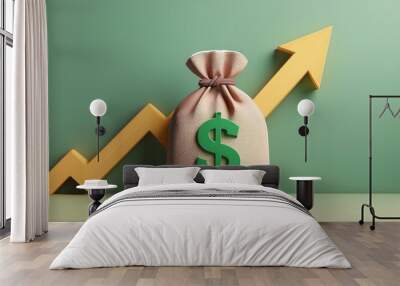 A money bag with a dollar sign, representing financial growth and investment success with a rising graph in the background. Wall mural