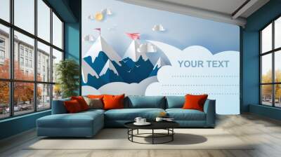 3d illustration art of airplanes flying above mountains on blue sky.Creative design Paper cut and craft style of business teamwork or targeted mountain concept idea.scene your text space.vector Wall mural