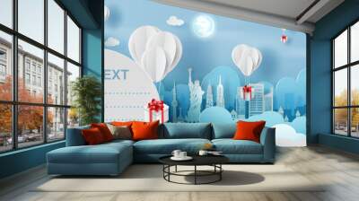 3D paper art and craft style of balloon white  floating and Gift Box on in the air blue sky.Your text space background vector.Panorama travel on holiday world city in New york USA.Christmas,vector. Wall mural