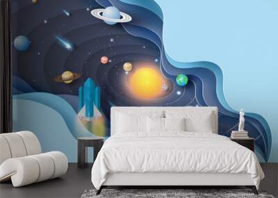 3D Paper art of Abstract curve wave with launch rocket Startup for Solar system circle.Galaxy space exploring with satellite and planets concept on pastel color tone background vector.illustration Wall mural