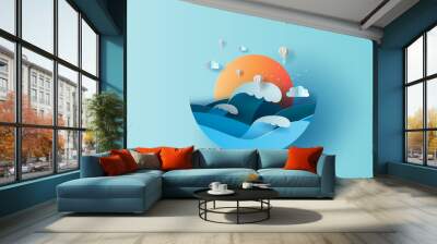 Balloon white hot air of Sea wave view landscape sunlight. travel in holiday summer season circle concept. Graphic design paper cut and craft style. Simple Vacation summertime idea pastel background Wall mural