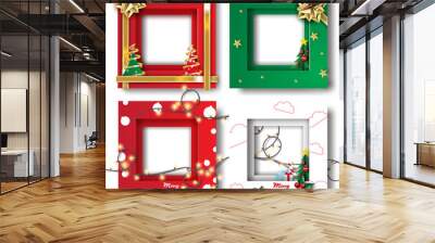 Merry Christmas and Happy new year border frame photo design set on transparency background.Creative origami paper cut and craft style.Holiday decoration gift card.Winter season vector illustration Wall mural