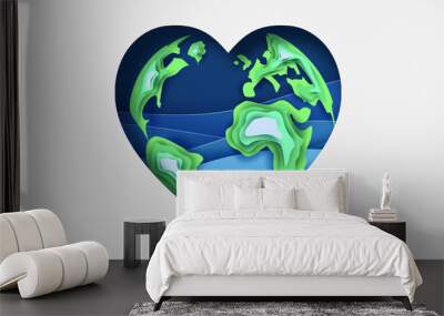 Paper art and cut concept of World Oceans Day. Celebration dedicated to help protect sea earth and conserve water ecosystem. Blue origami craft paper of sea waves.Dolphins are jumping happily in sea. Wall mural