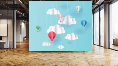 paper art style of balloons colorful color floating in air blue sky background.Creative design space for Christmas day,Festival,holiday,summer season,springtime.Good idea Pastel color.vector EPS10 Wall mural