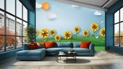 Paper art style of sunflower with landscape summer season blue sky background.vector Wall mural