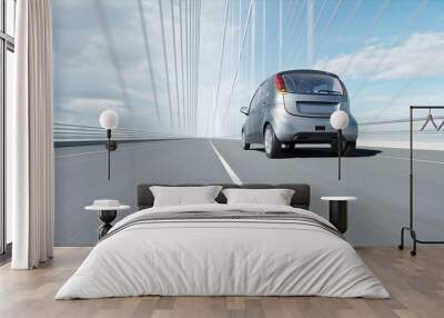 3d model of electric car on the bridge, very fast driving. Ecology concept. 3d rendering. Wall mural