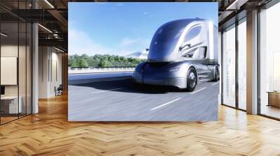 3d model of futuristic electric truck on highway. Future city background. Electric automobile. 3d rendering Wall mural