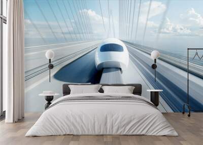 3d model of futuristic passenger train on the bridge. Very fast driving. Future concept. 3d rendering. Wall mural