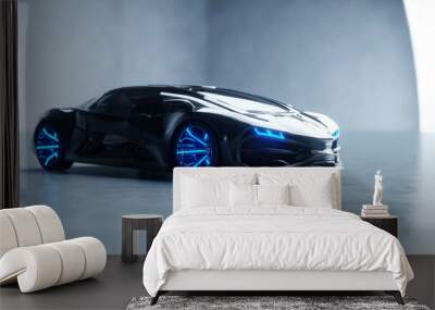 black futuristic electric car with blue light. Concept of future. 3d rendering. Wall mural