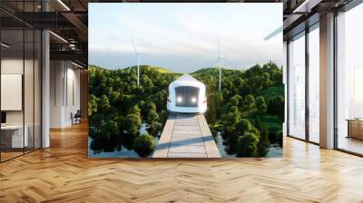 futuristic, modern Maglev train passing on mono rail. Ecological future concept. Aerial nature view. 3d rendering. Wall mural