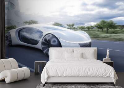 futuristic electric car very fast driving on highway. futuristic city concept. 3d rendering. Wall mural