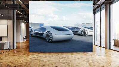 Futuristic electrick cars on warehouse parking. Logistic center. Green energy concept. 3d rendering. Wall mural