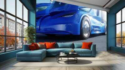 Futuristic electrick trucks on warehouse parking. Logistic center. Delivery, transport concept. 3d rendering. Wall mural